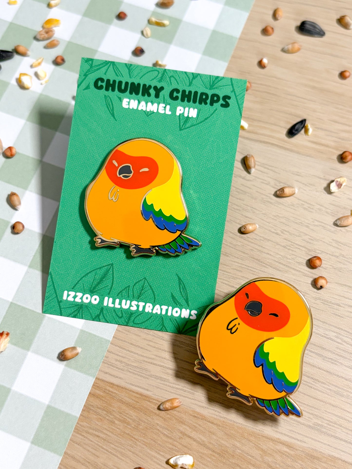 Chunky Chirp Sun Conure 1.5 inch Gold Plated Enamel Pin