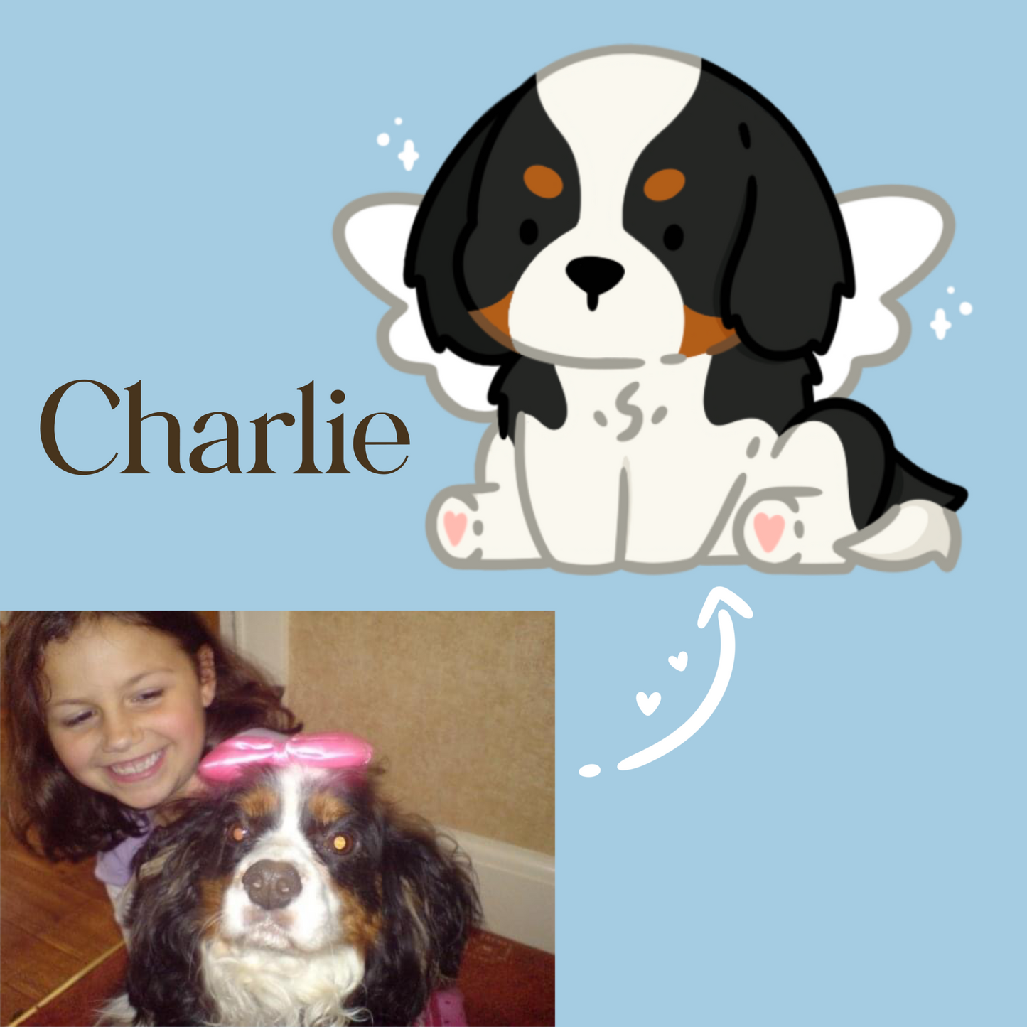 A photo of a real king charles spaniel being turned into a cartoon drawing.