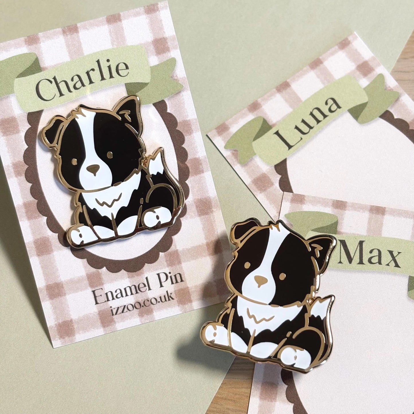 Personalised Border Collie Enamel Pin - Named Backing Card
