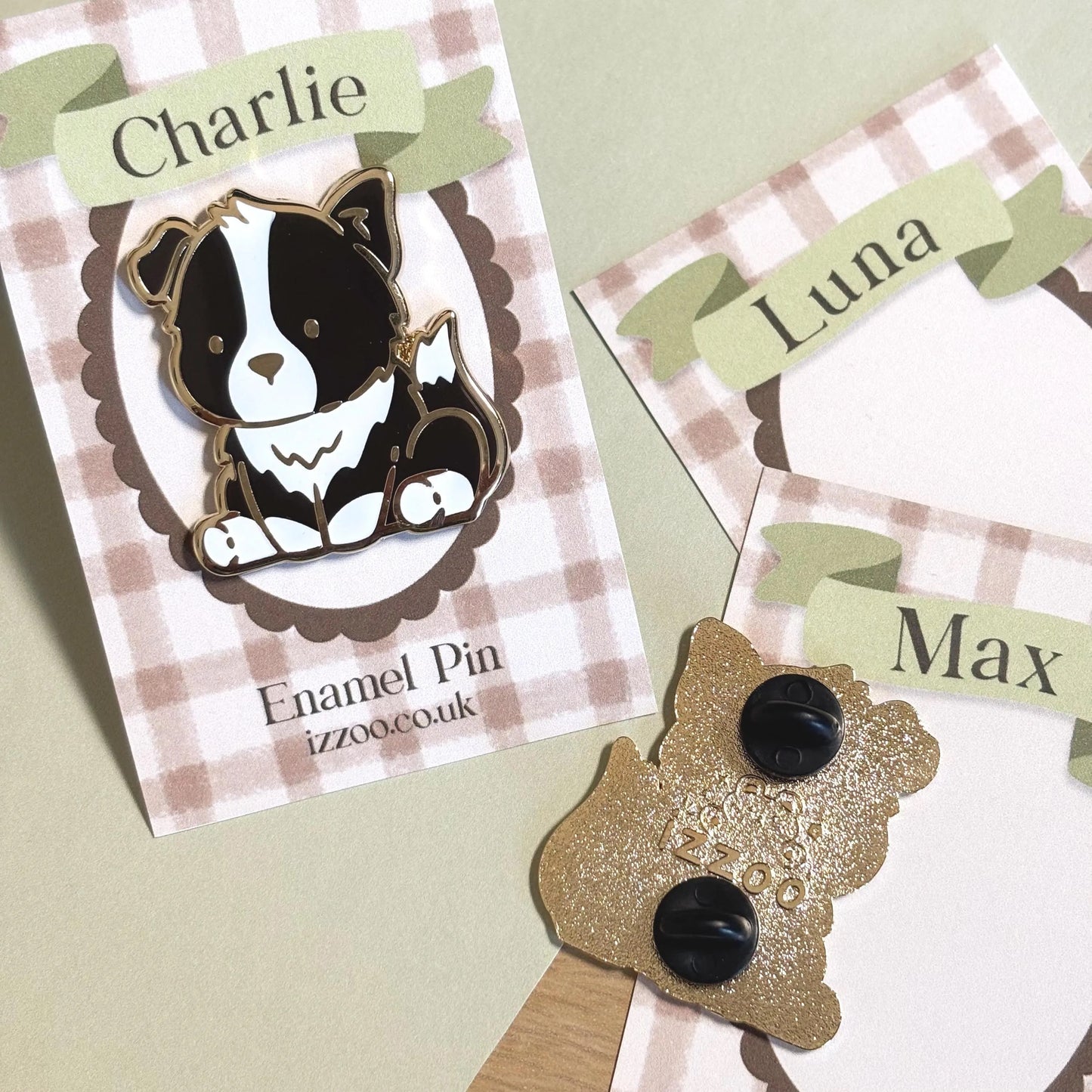 Personalised Border Collie Enamel Pin - Named Backing Card