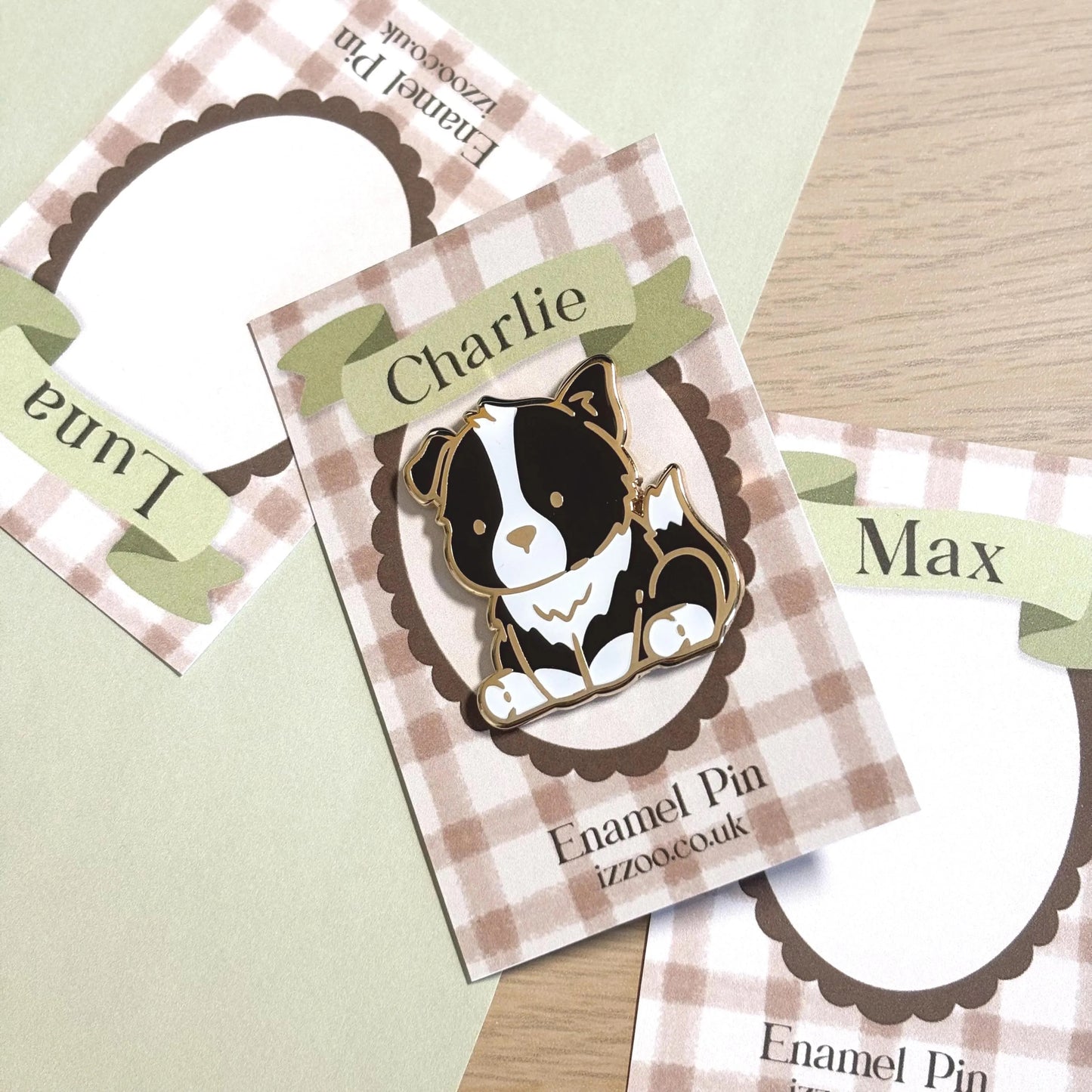 Personalised Border Collie Enamel Pin - Named Backing Card